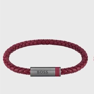 HUGO BOSS RED BRAIDED-LEATHER CUFF WITH MAGNETIC LOGO CLOSURE